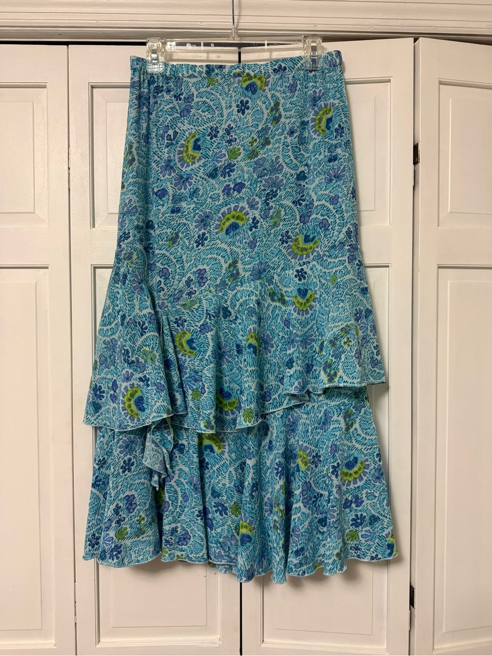 Coldwater Creek Blue/Green Garden Floral Tiered Midi Skirt Medium Fairy Feminine